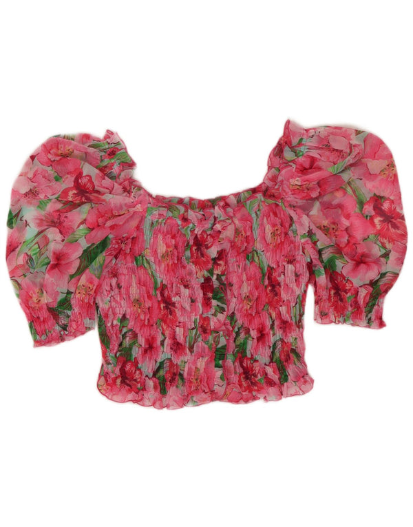 Zara Womens Crop Off Shoulder Blouse Top UK 8 Small Pink Floral