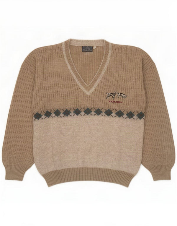 Daniele Blasi Pulover cu decolteu în V pentru bărbați IT 50 Medium Beige Colorblock