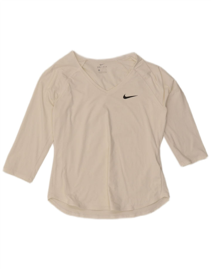 Nike Dri Fit Top mânecă 3/4 pentru femei UK 12 Poliester alb mediu