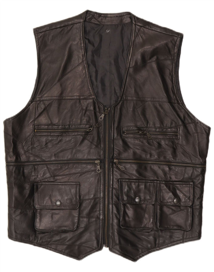 Gilet din piele vintage pentru bărbați UK 38 Medium Black Patchwork