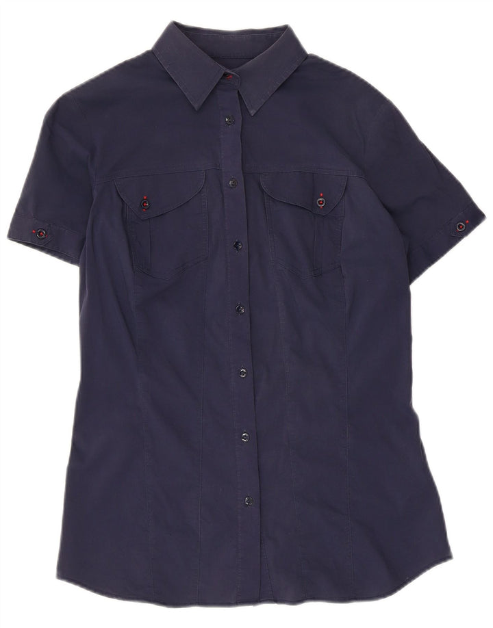 TRUSSARDI JEANS Cămașă cu mânecă scurtă pentru femei UK 12 Medium bleumarin bumbac