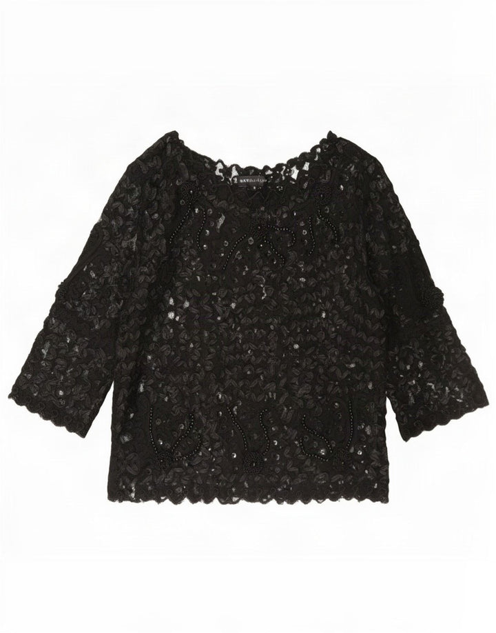 Sky Design Top transparent pentru femei cu mâneci 3/4 SUA 4 mic, negru, floral