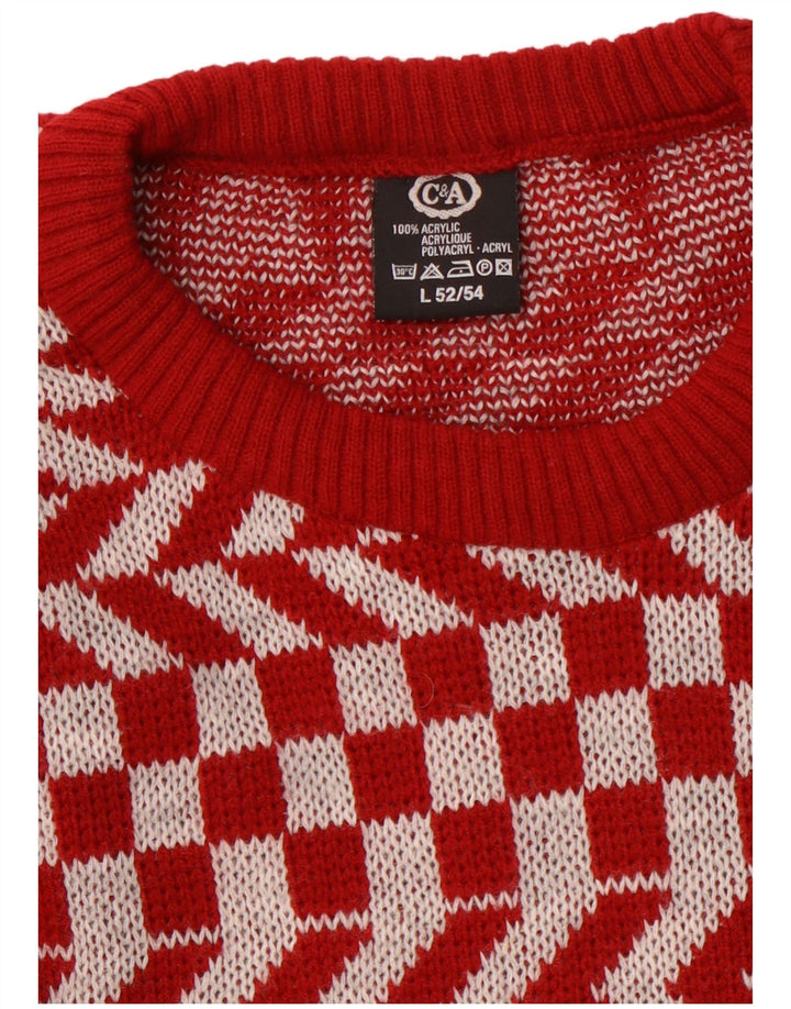 C & A Pulover pentru bărbați cu gât roșu mare, geometric, acrilic