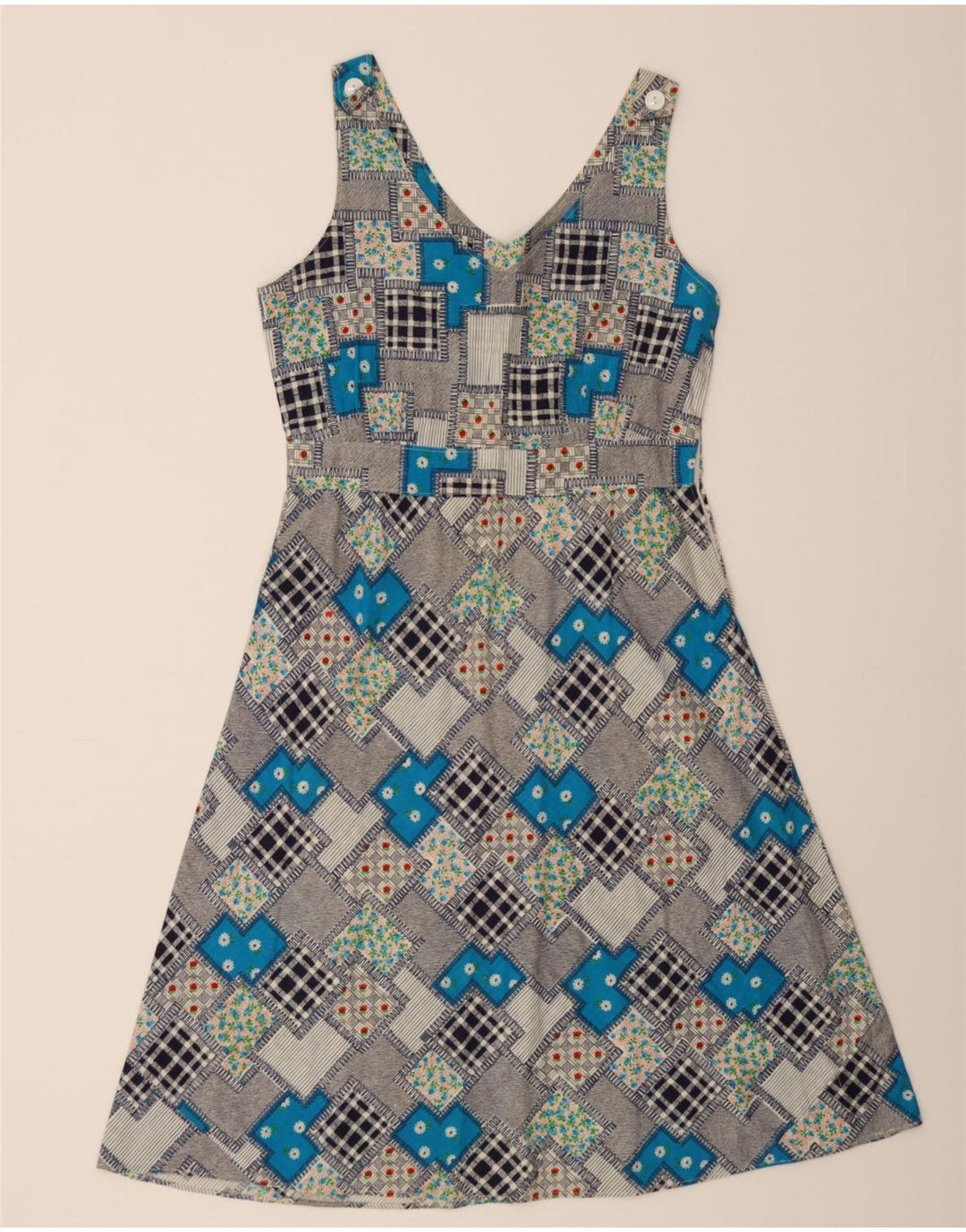 VINTAGE Womens Sleeveless A-Line Dress UK 14 Medium Grey Patchwork Vintage Vintage and Second-Hand Vintage from Messina Hembry 
