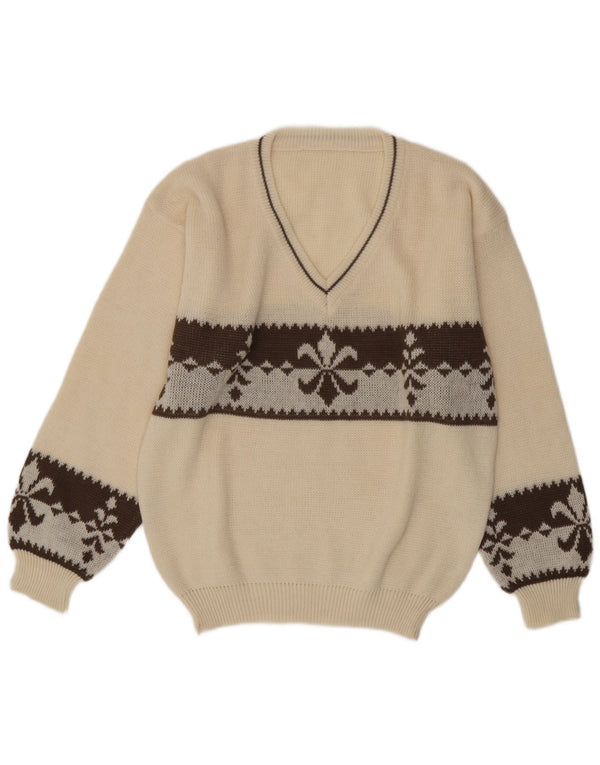 Vintage Mens V-Neck Jumper Sweater Large White Fair Isle Wool