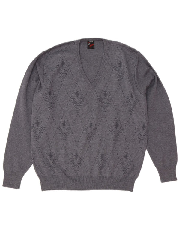 Vintage Mens V-Neck Jumper Sweater Medium Grey Argyle/Diamond Wool