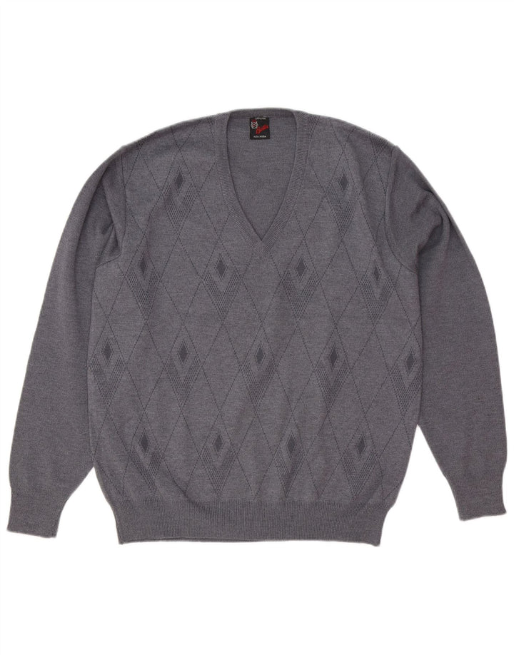 Pulover vintage pentru bărbați cu decolteu în V, lână Argyle/Diamond, gri mediu