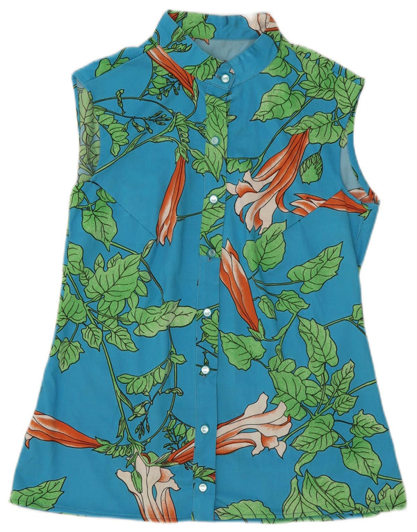 Bluză de epocă cămașă fără mâneci pentru femei UK 16 Large Blue Floral