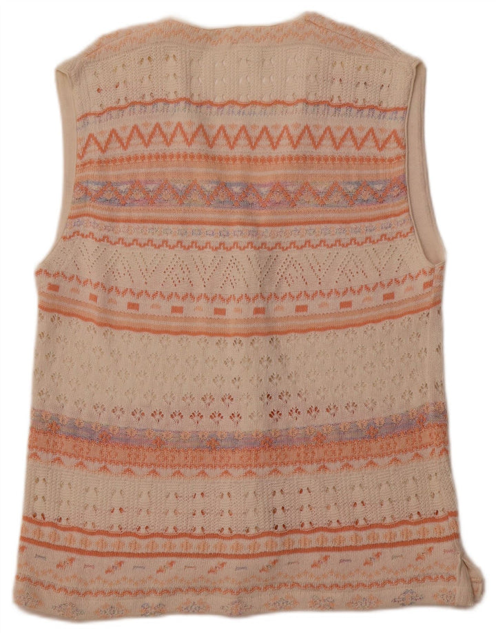 VINTAGE Pulover cardigan fără mâneci pentru femei UK 14 Medium White Geometric