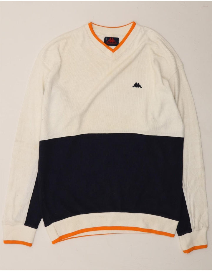 KAPPA Mens V-Neck Jumper Sweater Large White Colourblock Cotton Vintage Kappa and Second-Hand Kappa from Messina Hembry 