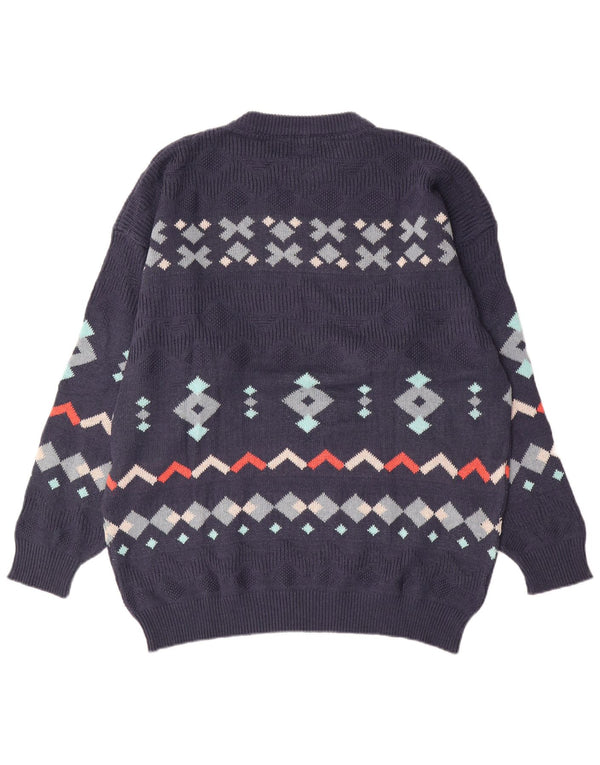 Pulover vintage pentru bărbați cu gâtul turnat, bumbac geometric 2XL bleumarin