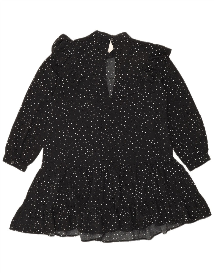 TOPSHOP Womens Ruffle Front Tunic Top UK 10 Small  Black Spotted