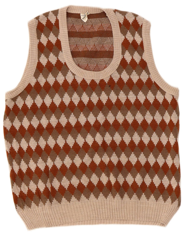 Vintage Womens Crop Vest Tank Top IT 52 2XL Brown Argyle/Diamond Acrylic