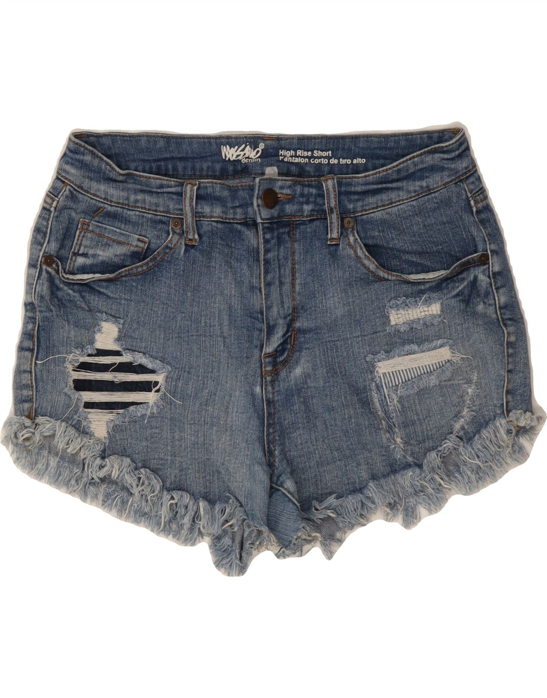 MOSSIMO Womens Distressed High Waist Denim Shorts W30 Medium Blue Vintage Mossimo and Second-Hand Mossimo from Messina Hembry 