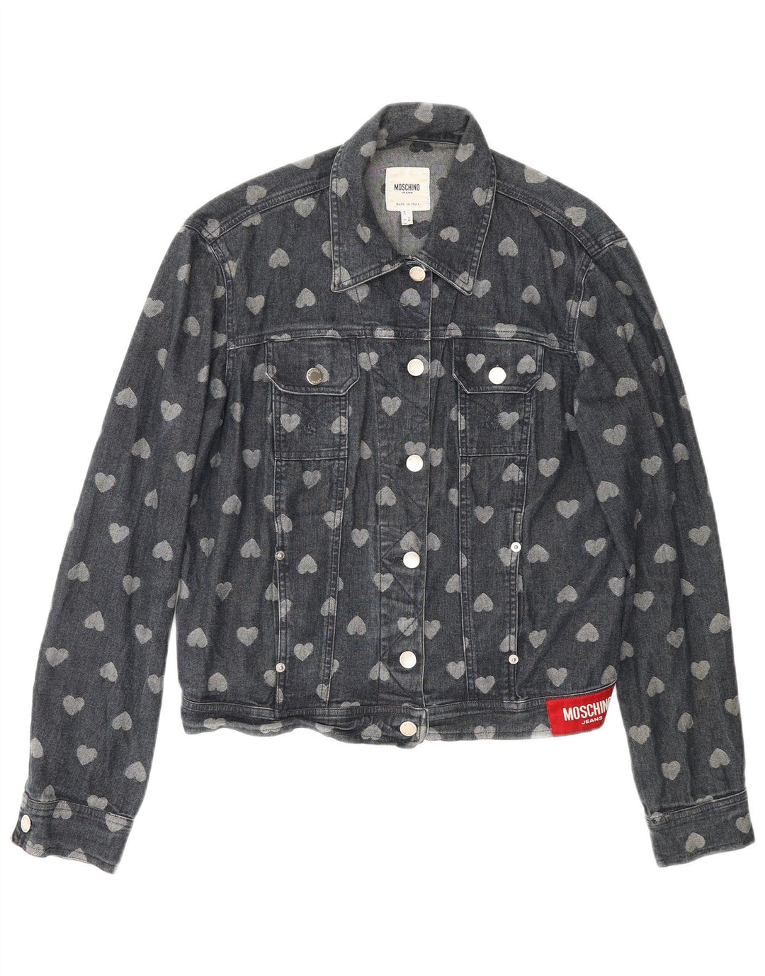 Jachetă de blugi cu modele pentru femei Moschino UK 12 Medium Bluemarin Bumbac Heart