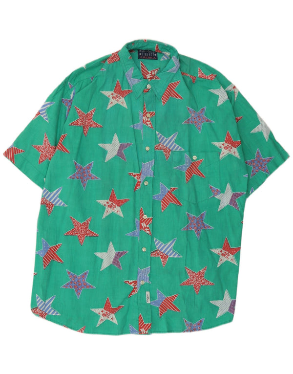 Vintage Mens Short Sleeve Shirt XL Green Geometric Cotton