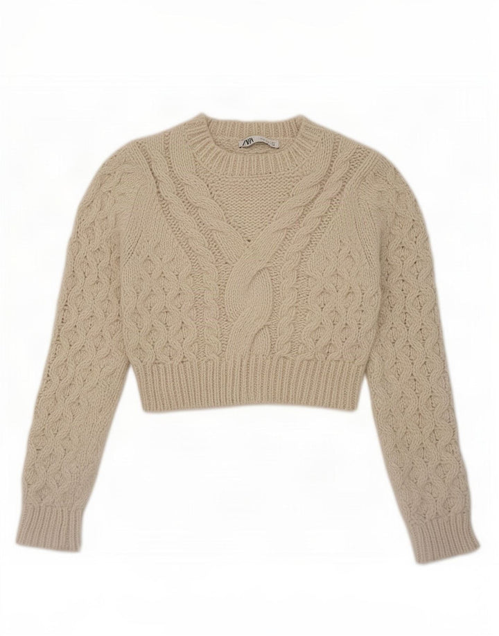 Pulover pentru femei Zara Crop Crew Gate UK 12 Medium Bej Poliester