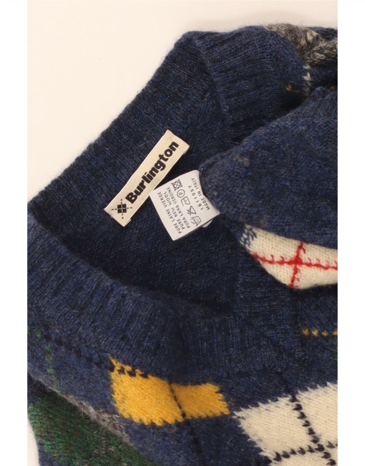 Burlington Pulover cu decolteu în V pentru bărbați, albastru mediu, lână nouă Argyle/Diamond