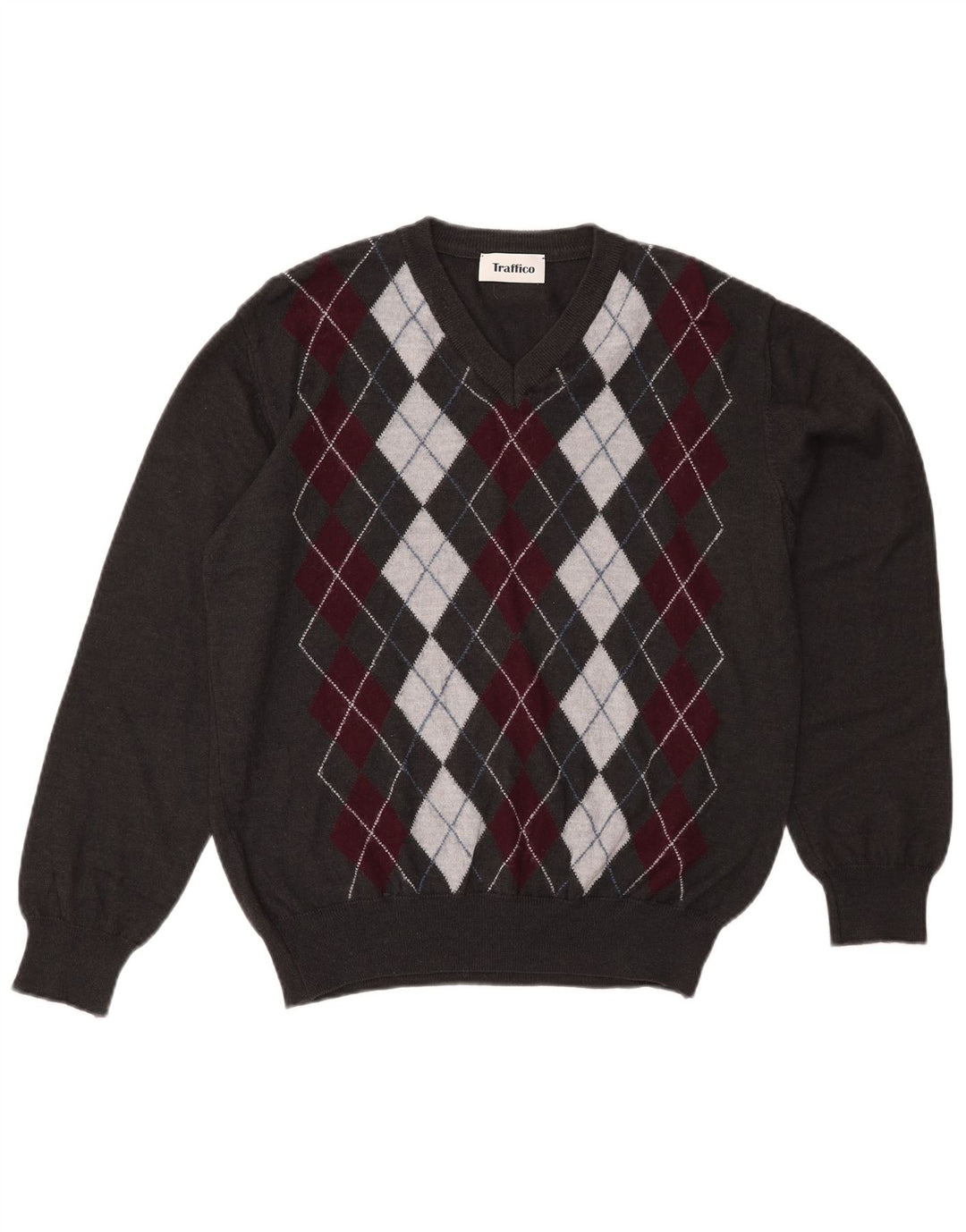 Pulover vintage pentru bărbați cu decolteu în V, XL, gri Argyle/Lână diamant