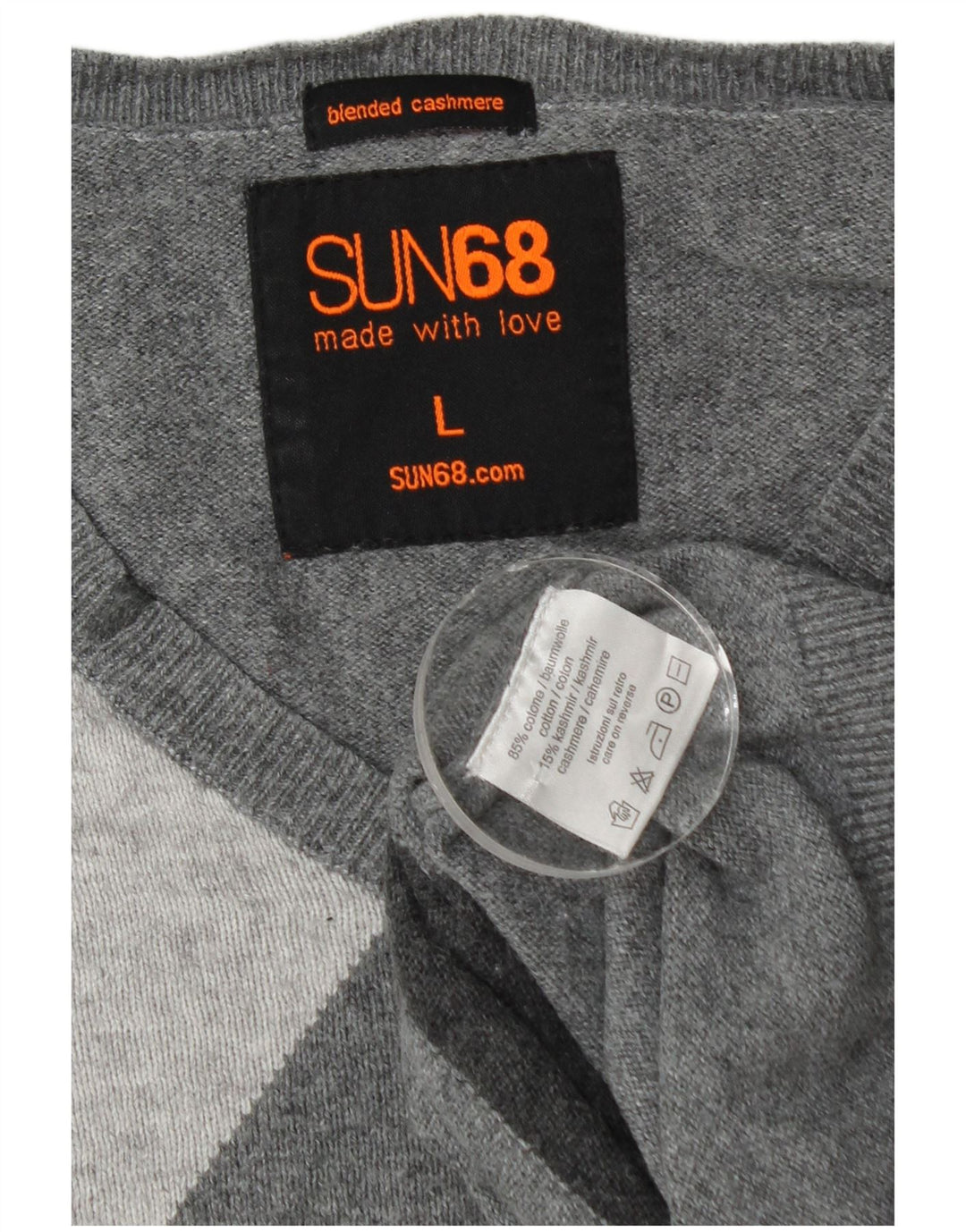 Sun68 Pulover pentru bărbați cu decolteu în V, mare, gri Argyle/Diamond Bumbac