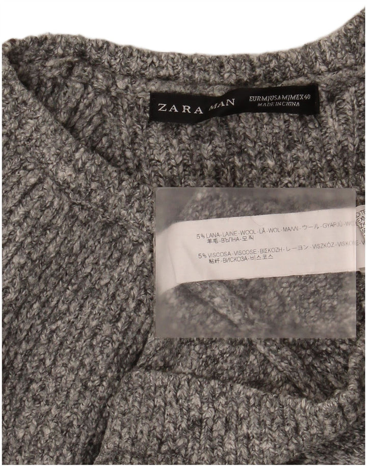 Pulover pentru bărbați Zara, cu gât de barcă, din lână cu pete, gri mediu