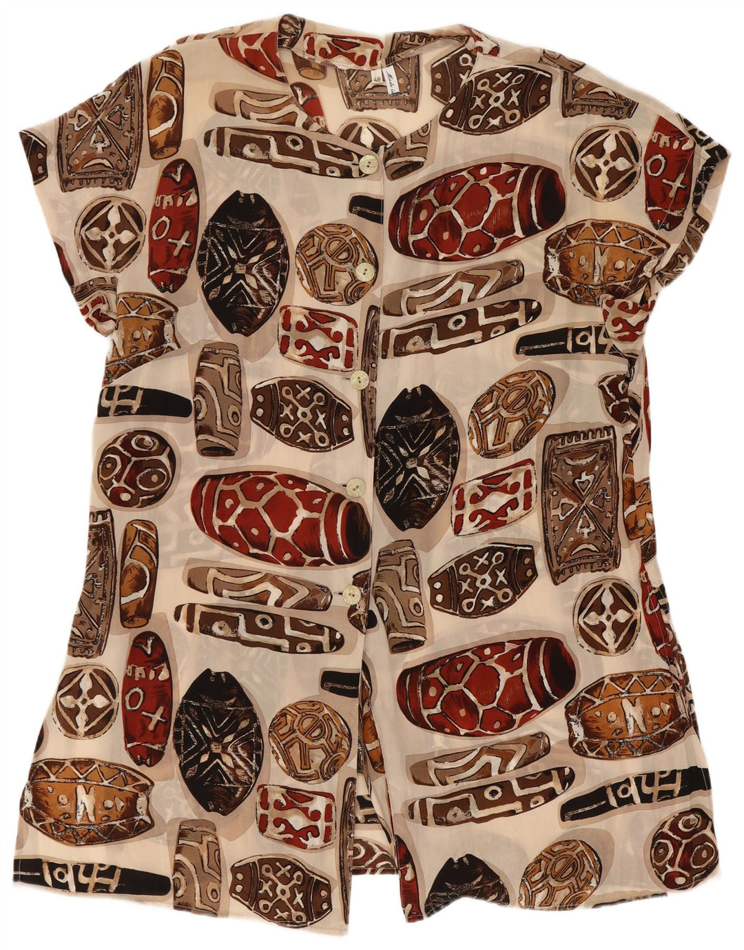 Vintage Womens Abstract Pattern Short Sleeve Shirt Blouse IT 48 XL Beige
