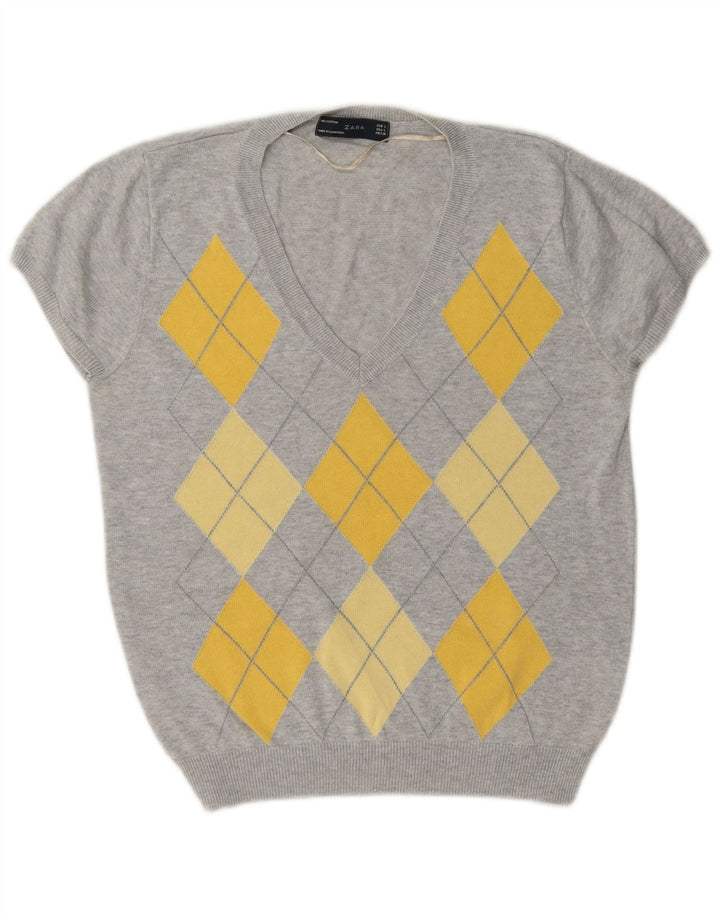 Pulover cu decolteu în V Zara pentru femei UK 14 mare, gri Argyle/Diamond