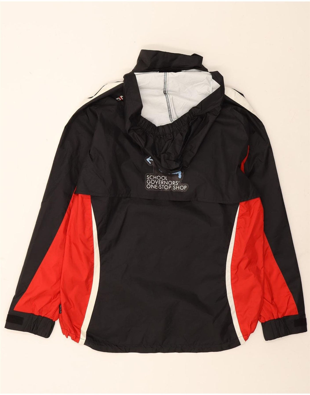 VINTAGE Mens Graphic Hooded Rain Jacket UK 38 Medium Black Colourblock Vintage Vintage and Second-Hand Vintage from Messina Hembry 