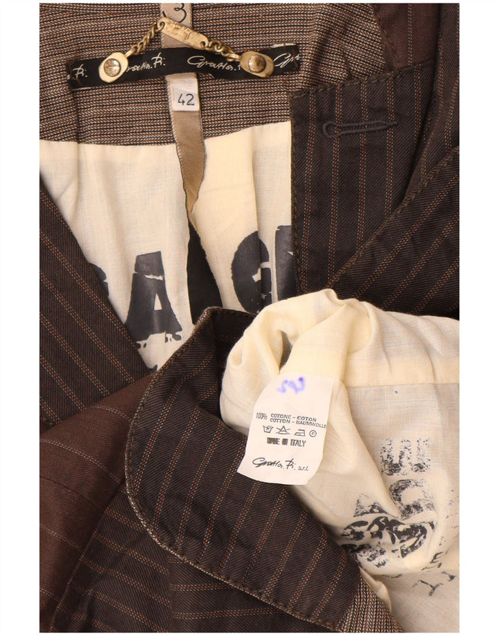 Jachetă vintage pentru femei crop cu 3 nasturi IT 42 maro mediu cu dungi