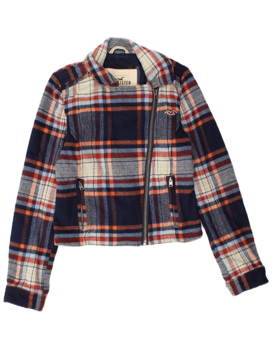 Jachetă Hollister pentru femei Crop Bomber UK 10 Small Blue Marine Plaid Wool