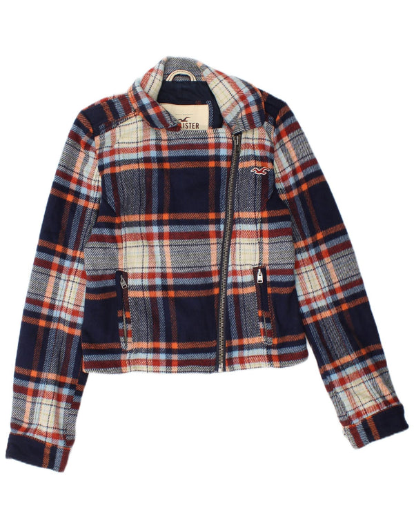 Jachetă Hollister pentru femei Crop Bomber UK 10 Small Blue Marine Plaid Wool