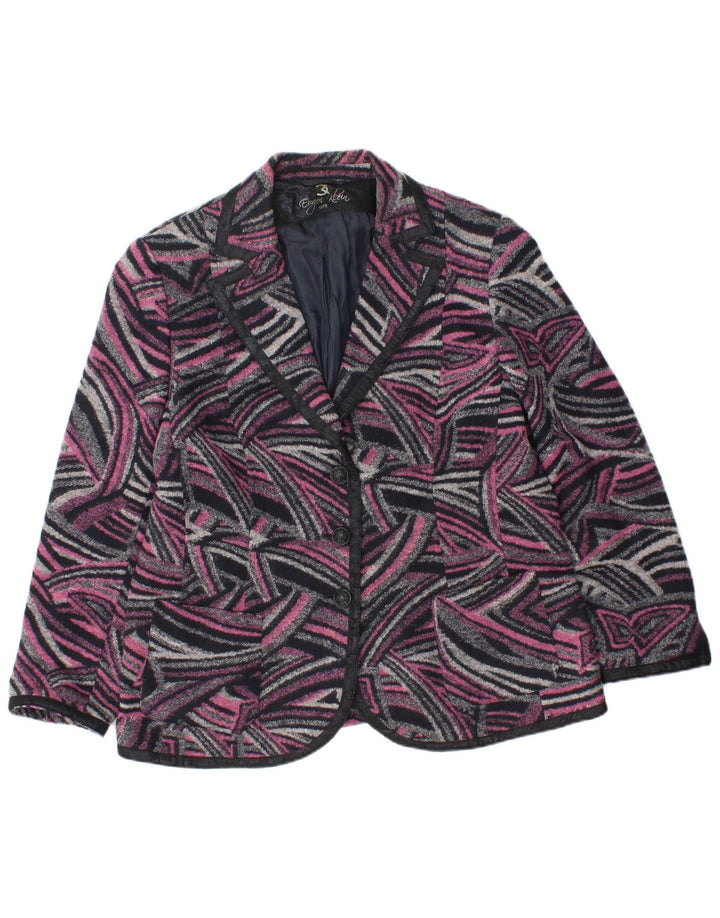 Jachetă vintage cu 3 nasturi pentru femei UK 18 XL roz geometric poliacrilic