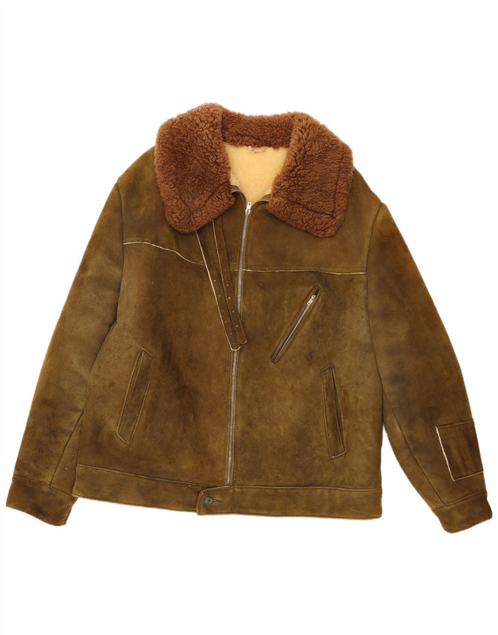 Jachetă din piele de căprioară Sherpa pentru bărbați vintage IT 58 4XL Kaki