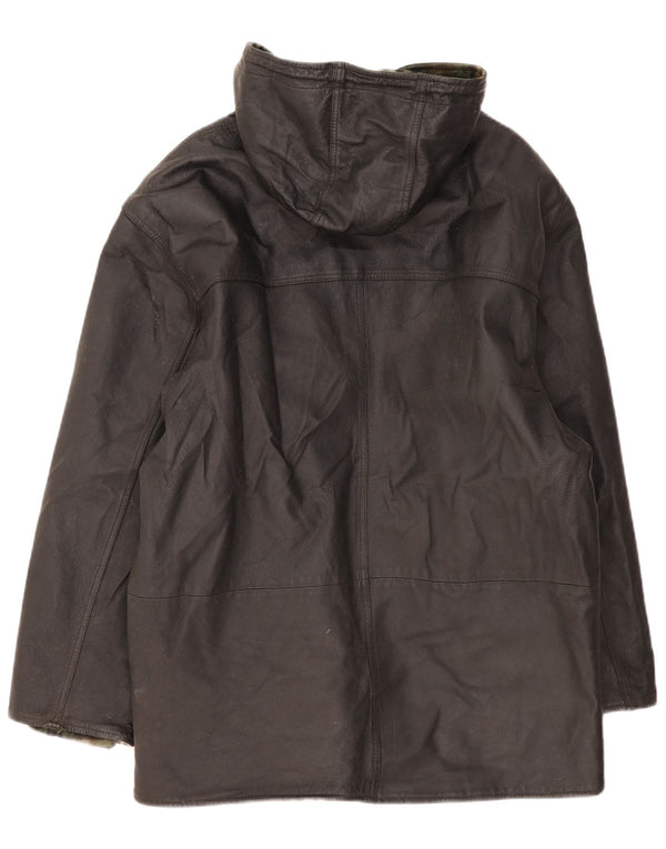 Palton din piele cu glugă vintage pentru bărbați UK 44 2XL negru