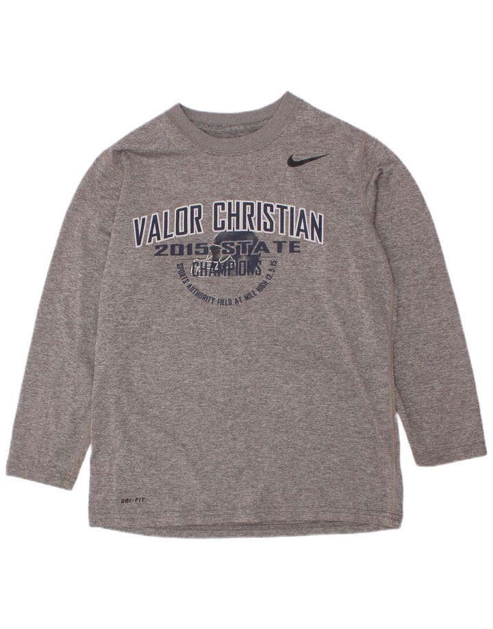 Nike Boys Dri Fit Graphic Top Long Sleeve 8-9 Years Small Grey Polyester