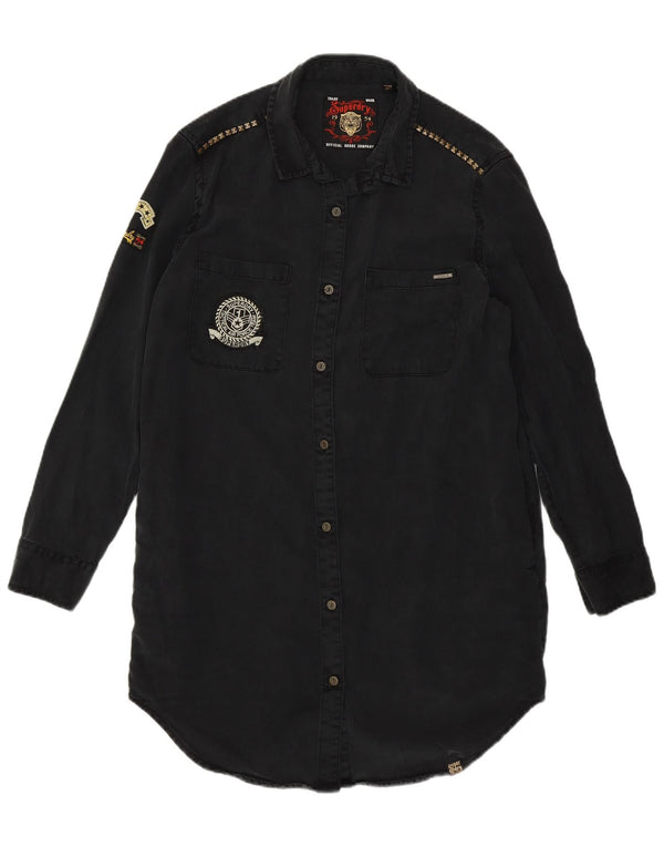 Rochie denim militară cu grafică Superdry pentru femei UK 12 Medium Black Lyocell