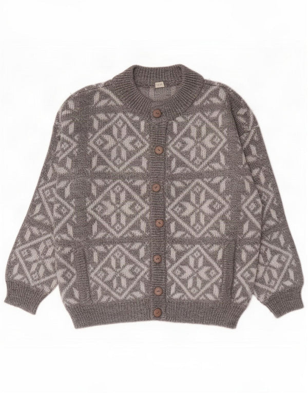 Vintage Mens Loose Fit Cardigan Pulover Mic Gri Fair Isle Wool