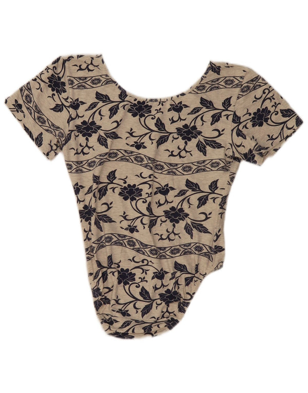 VINTAGE Womens Bodysuit US 4 Small Grey Floral Cotton