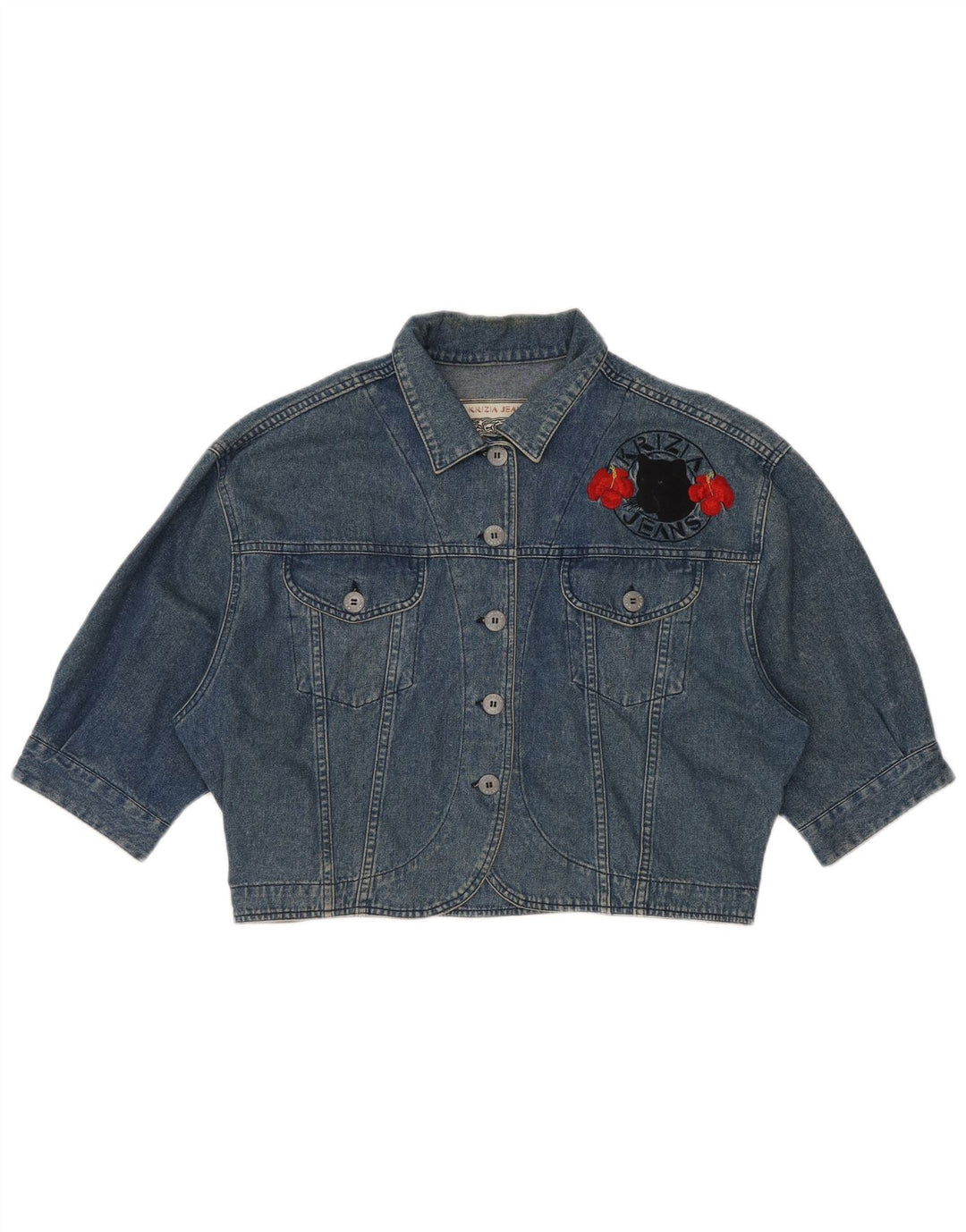 KRIZIA JEANS Jachetă oversize din denim crop pentru femei IT 44 Medium Blue Floral