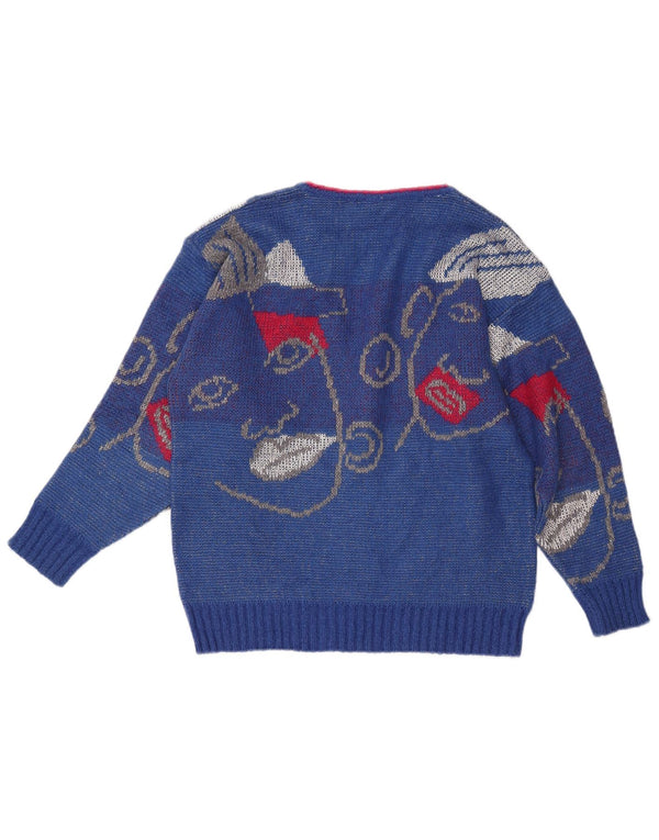 VINTAGE Pulover cu decolteu în V cu grafic pentru femei UK 16 Large Blue