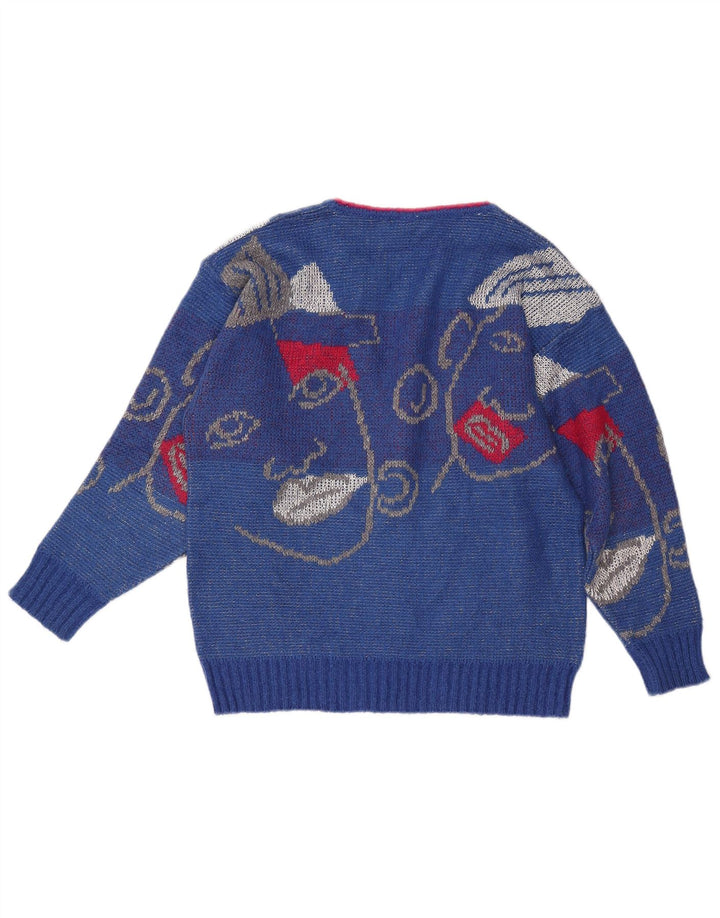 VINTAGE Pulover cu decolteu în V cu grafic pentru femei UK 16 Large Blue