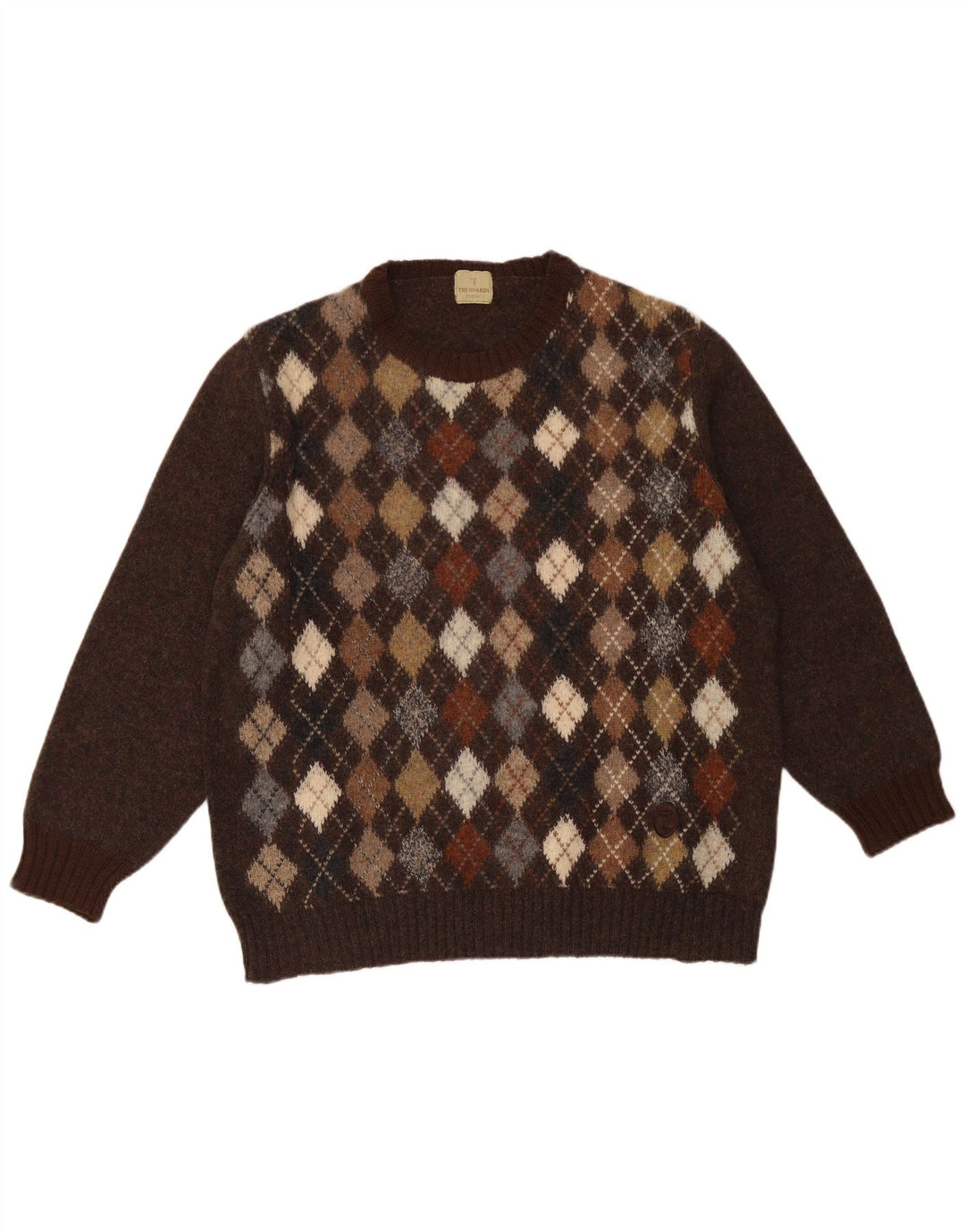 Pulover Trussardi pentru bărbați cu gât roșu, mare, maro, Argyle/Diamond
