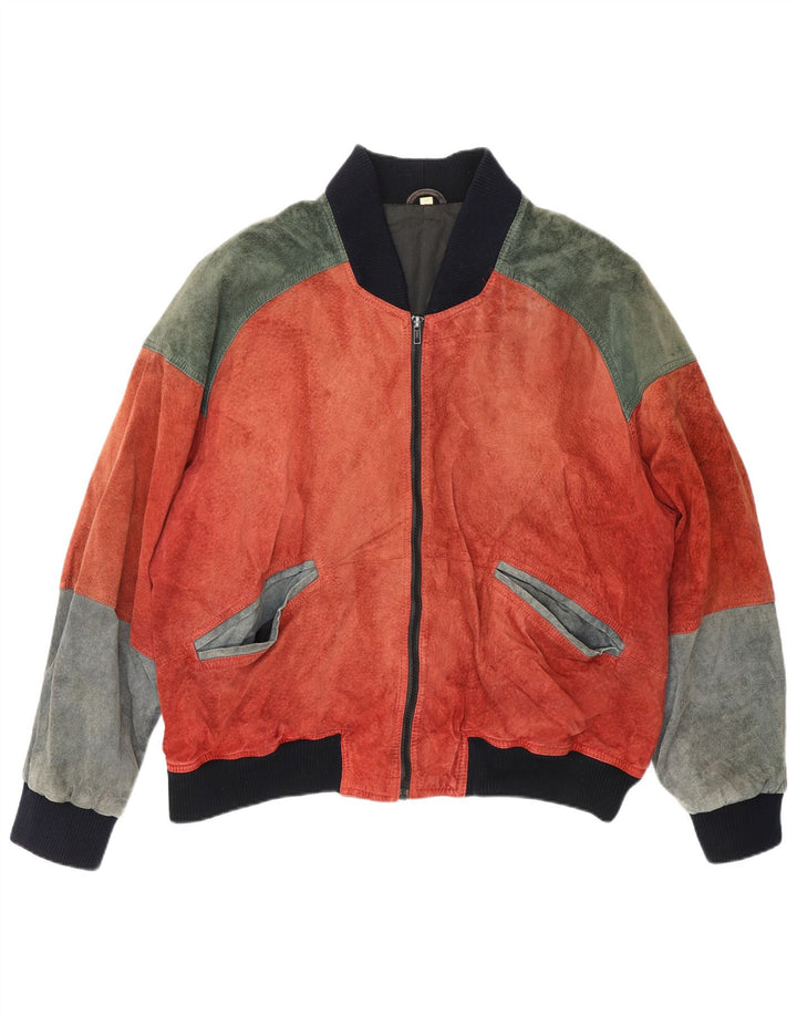 VINTAGE Jachetă bomber din piele întoarsă pentru bărbați UK 38, roșu mediu, color block