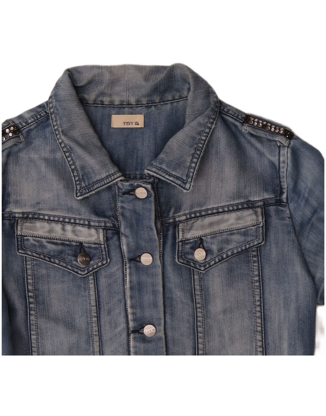 TOY G Jachetă de denim crop pentru femei UK 12 Medium Blue