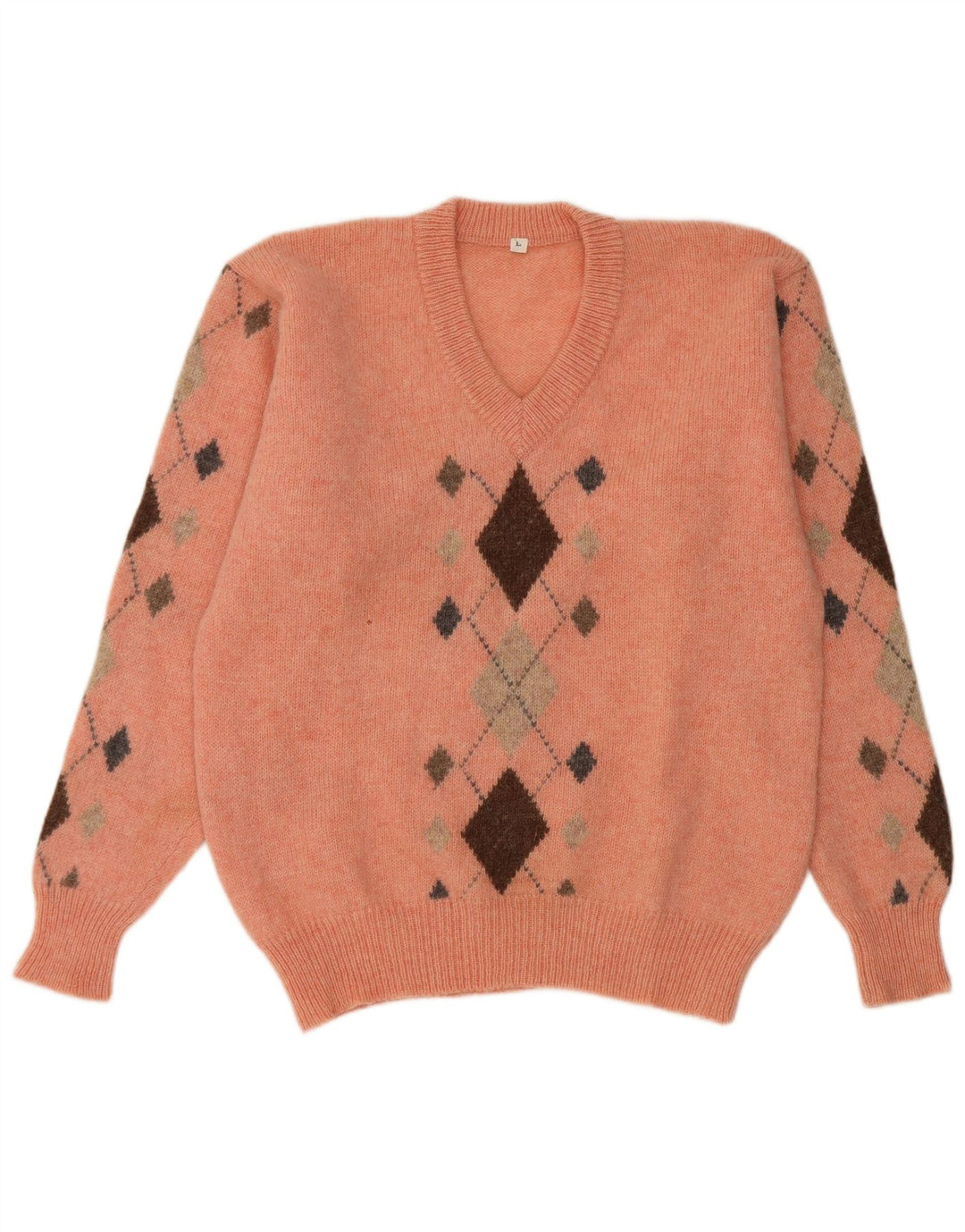 Pulover vintage pentru bărbați cu decolteu în V, mare, portocaliu Argyle/Diamond