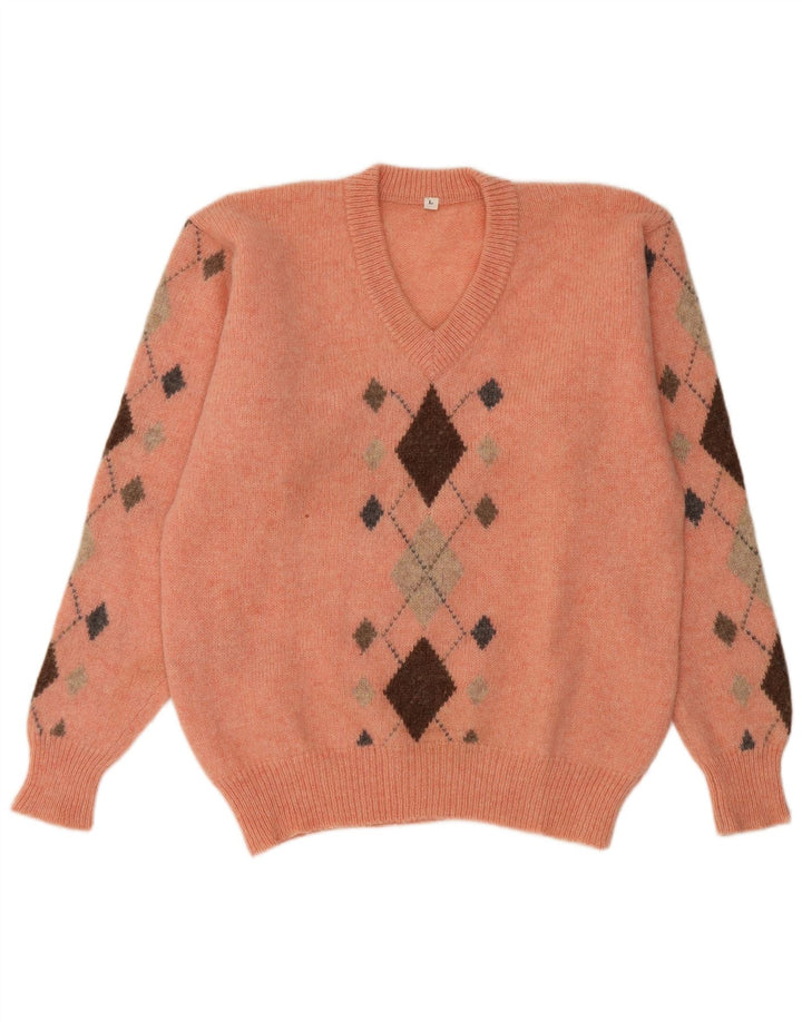 Pulover vintage pentru bărbați cu decolteu în V, mare, portocaliu Argyle/Diamond