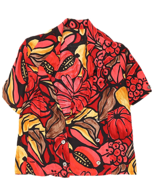 Bluză vintage pentru femei cu mânecă scurtă, cămașă UK 14, roșu mediu, viscoză florală