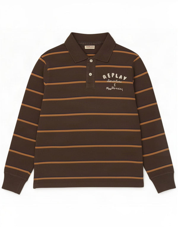 Replay Mens Graphic Long Sleeve Polo Shirt Medium Brown Striped Cotton