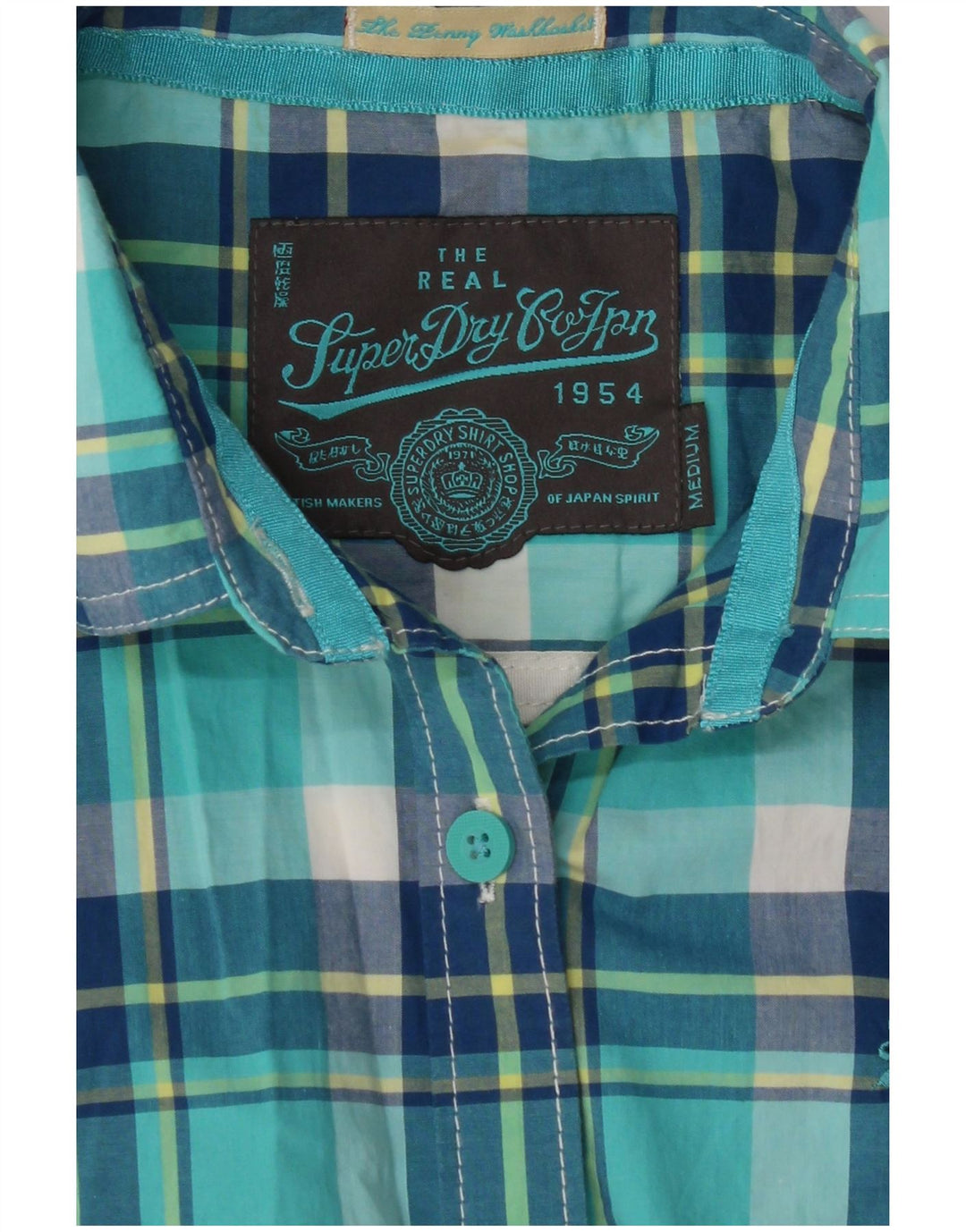 SUPERDRY Womens Short Sleeve Shirt UK 14 Medium Turquoise Check Cotton