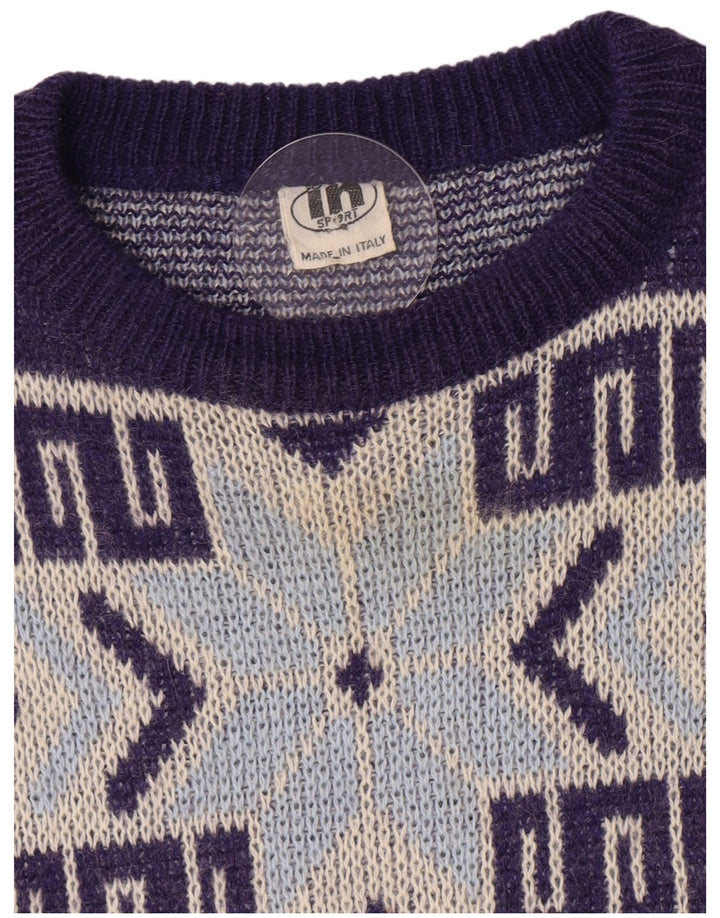 Pulover vintage pentru bărbați cu gât roșu, mijlociu, bleumarin, geometric